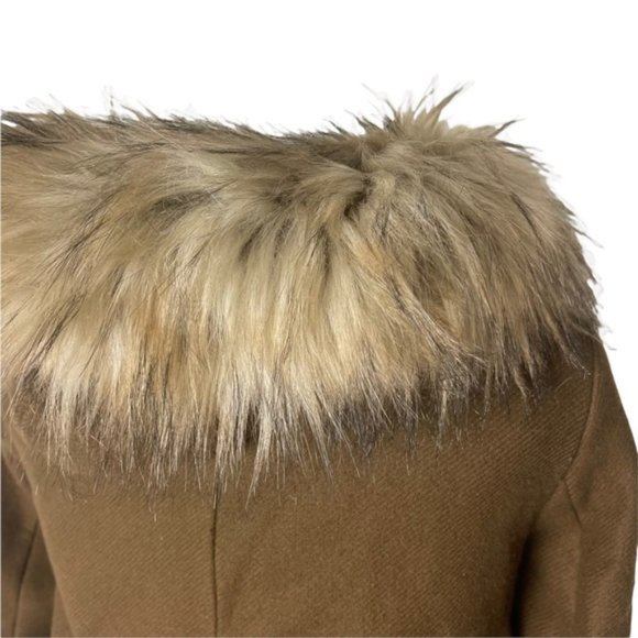 ZARA Women's Brown Pea Coat Full Zip Front Buckle Detail Faux Fur Hood Size XS - Picture 11 of 12